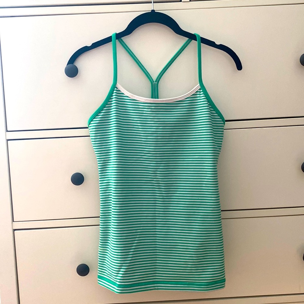 Size 6 light kelly green and white striped Lululemon supported bra yoga top.